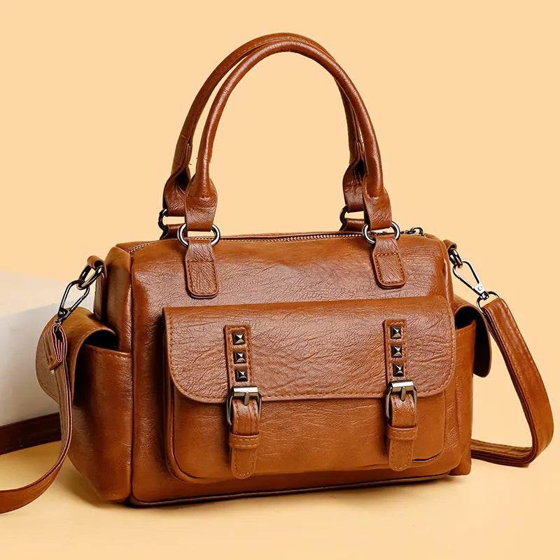 Large capacity vintage messenger bag in horizontal square suitcase shape with PU leather construction