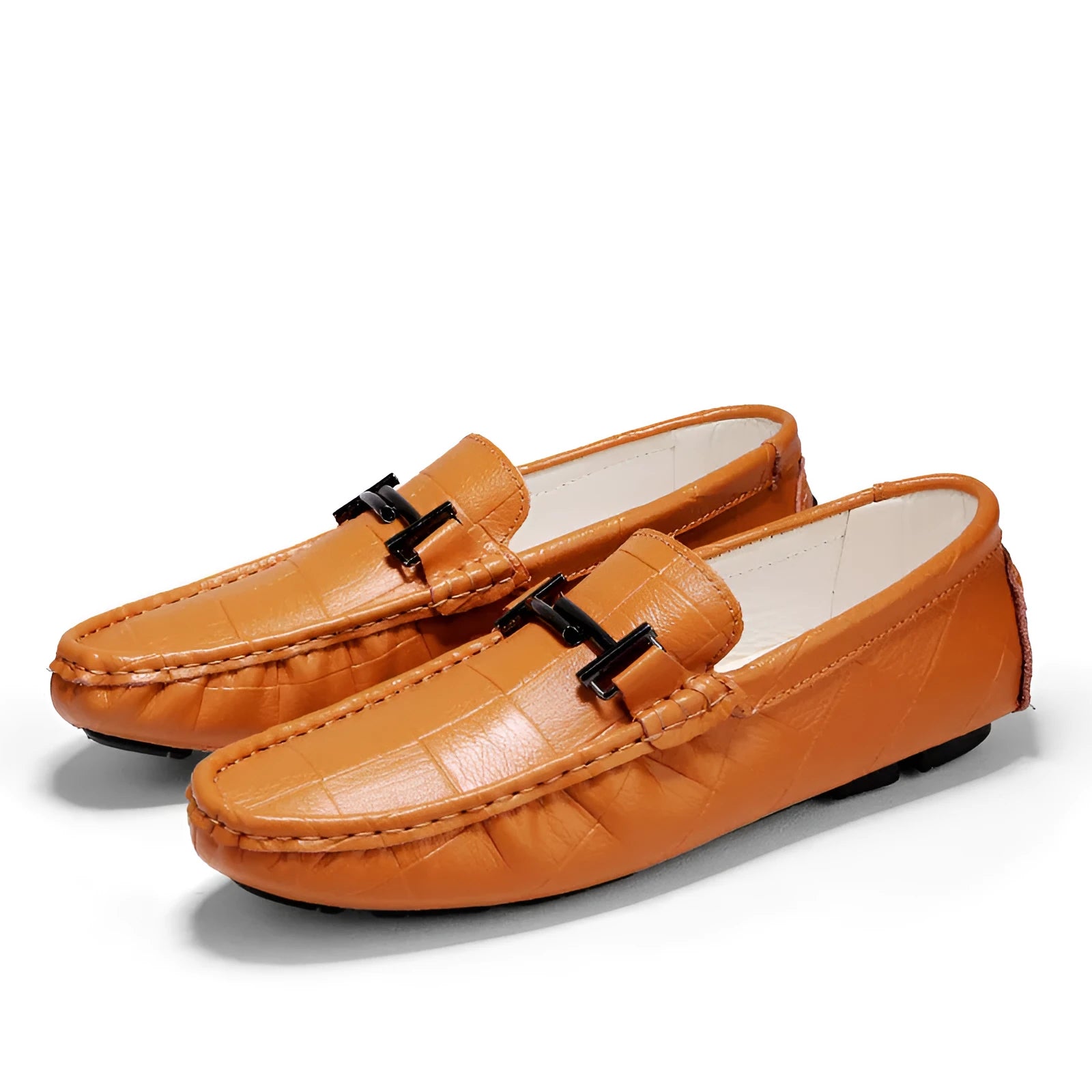 Men's casual leather shoes with buckle detail in black, blue, bronze and white colour options