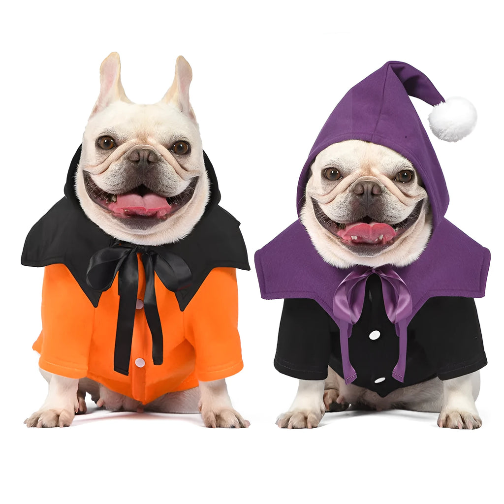 Black and orange Halloween pumpkin print two-piece dog clothes set with sweater and shawl
