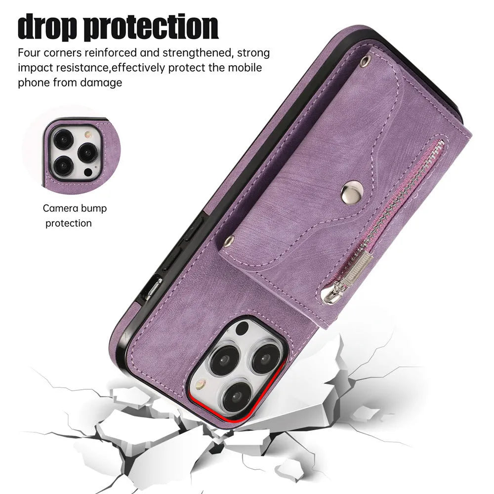 Blue phone case crossbody sleeve with card holder and short rope strap