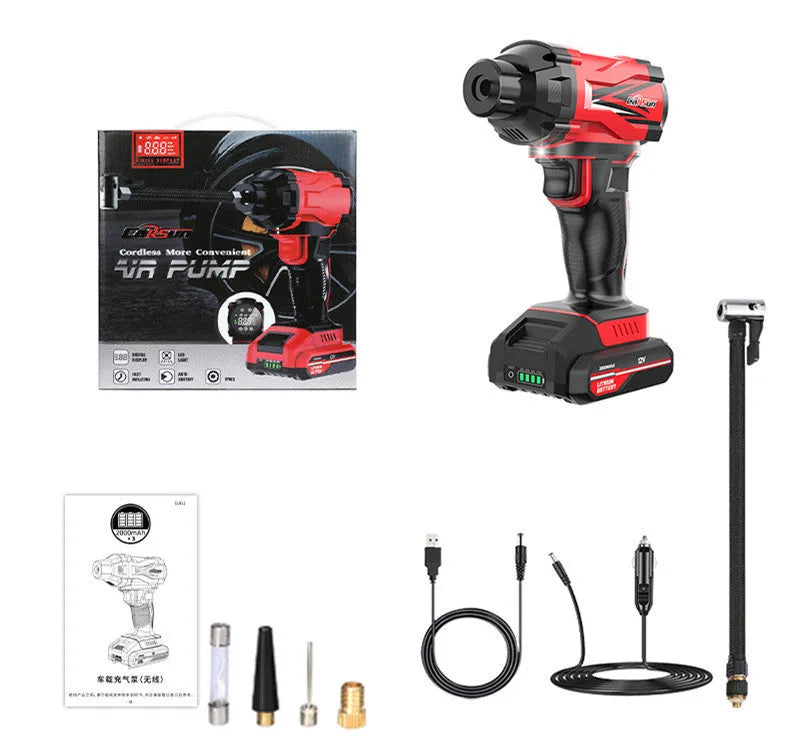 Red and black portable car tyre inflator with power cable and accessories