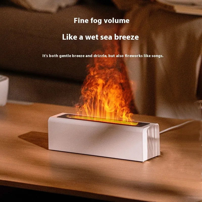 Square black USB aroma diffuser with colourful flame simulation effect and water mist emission