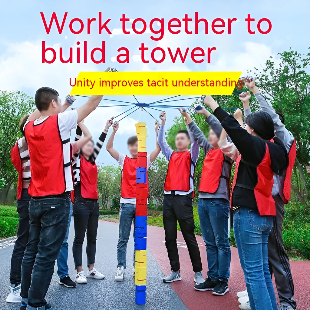 Set of coloured ABS plastic blocks, ropes, and a frame for outdoor group building games and team challenges.