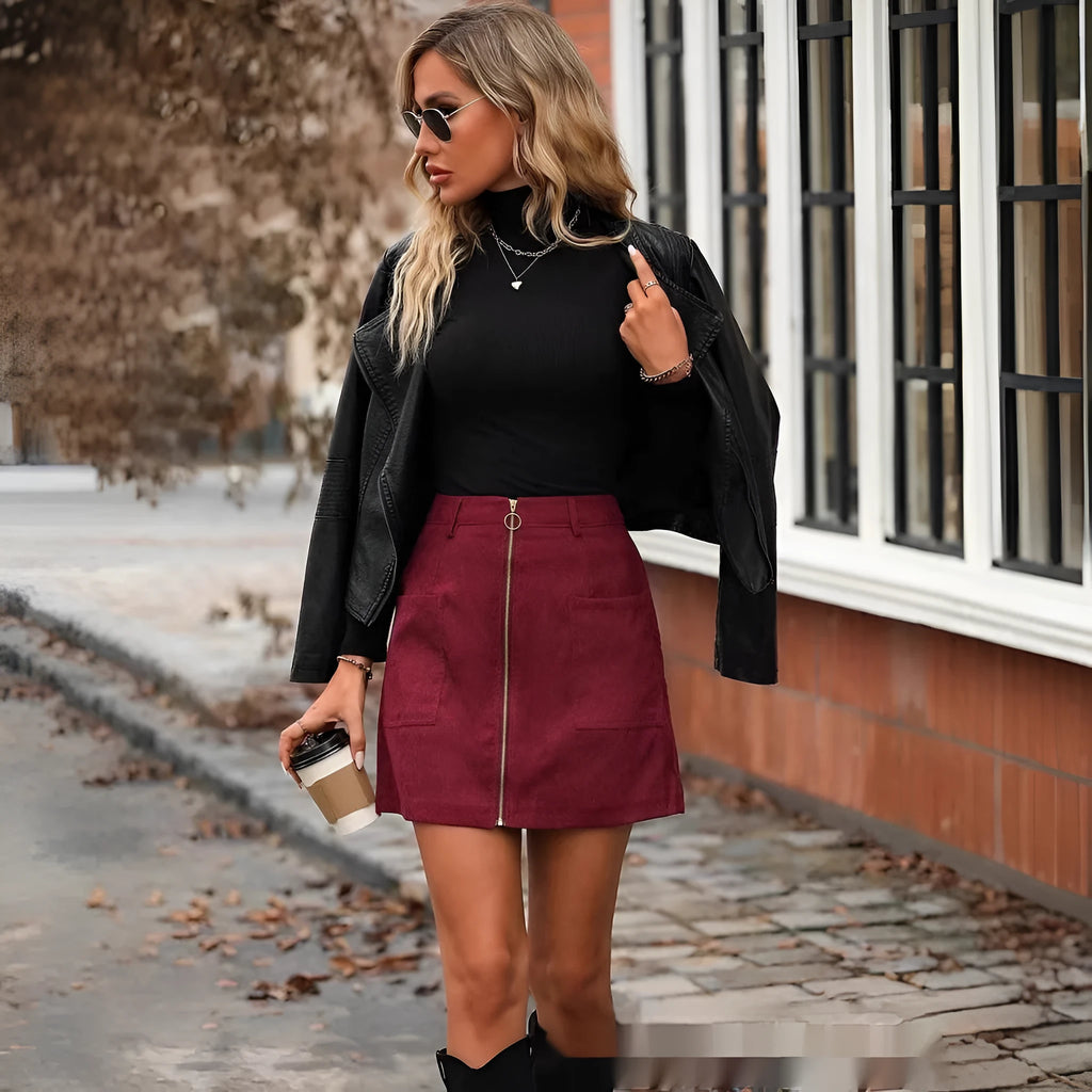 Women's high waist short skirt with side zipper in black, camel, brick red, or dark green