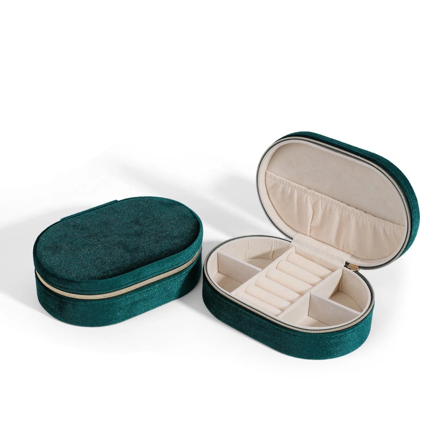Oval velvet jewellery box in lake blue colour with flannel lining, showing 15x10x5 cm dimensions