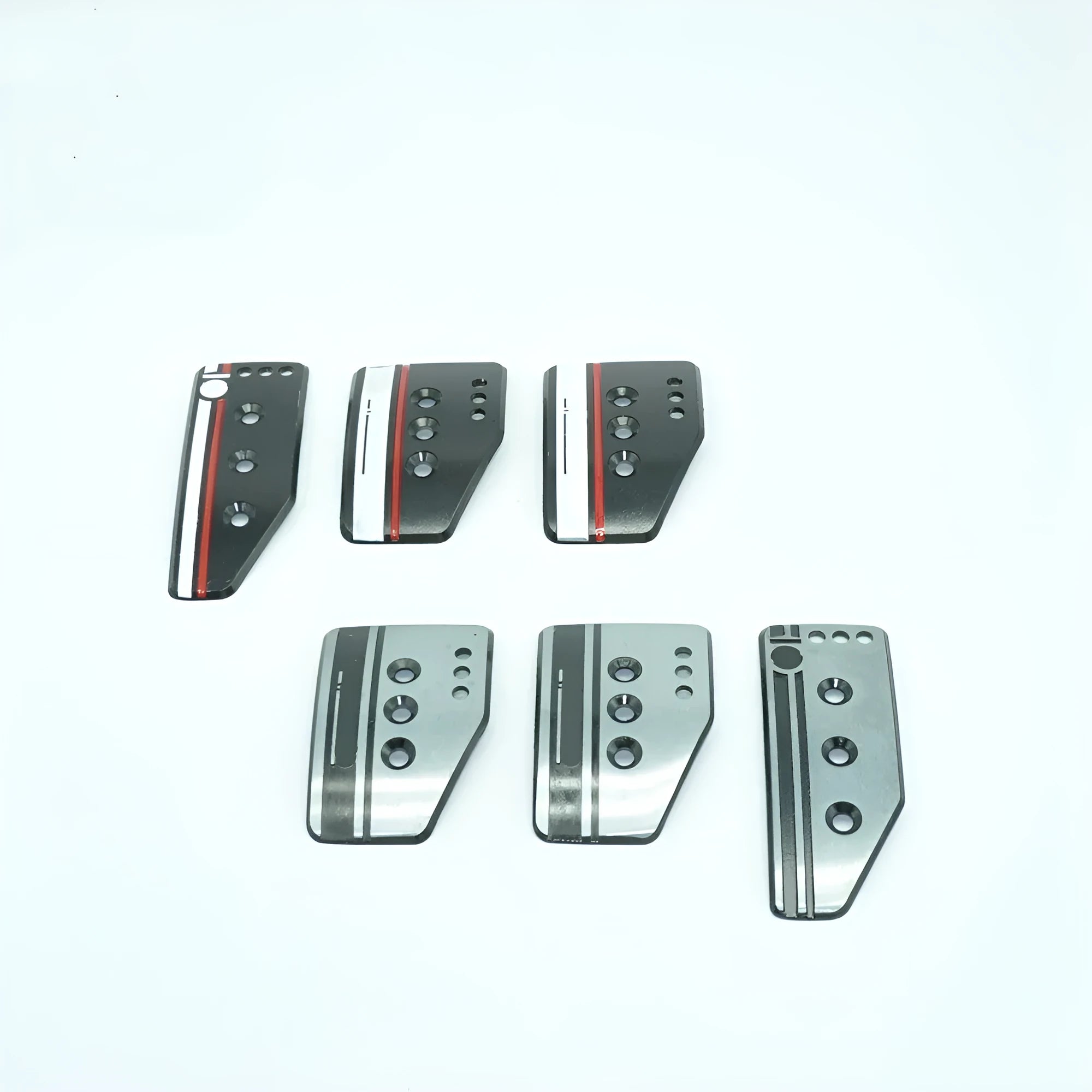 Aluminium alloy manual transmission car pedal set showing brake, accelerator and clutch pedals with installation hardware