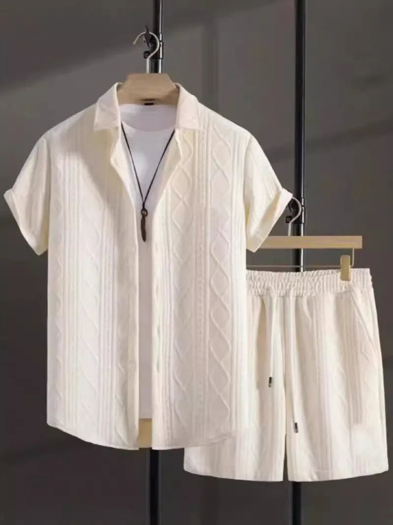 Men's jacquard suit shorts set with short sleeve top and matching trousers in solid colour