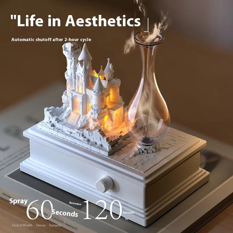 White medieval castle-shaped waterless aromatherapy machine with ambient light on a table.
