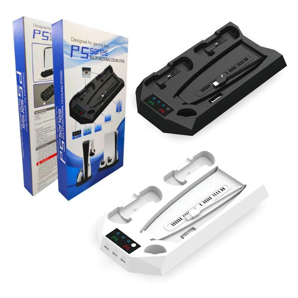 PS5 charging base radiator in black or white with controller charging ports and headset storage hook