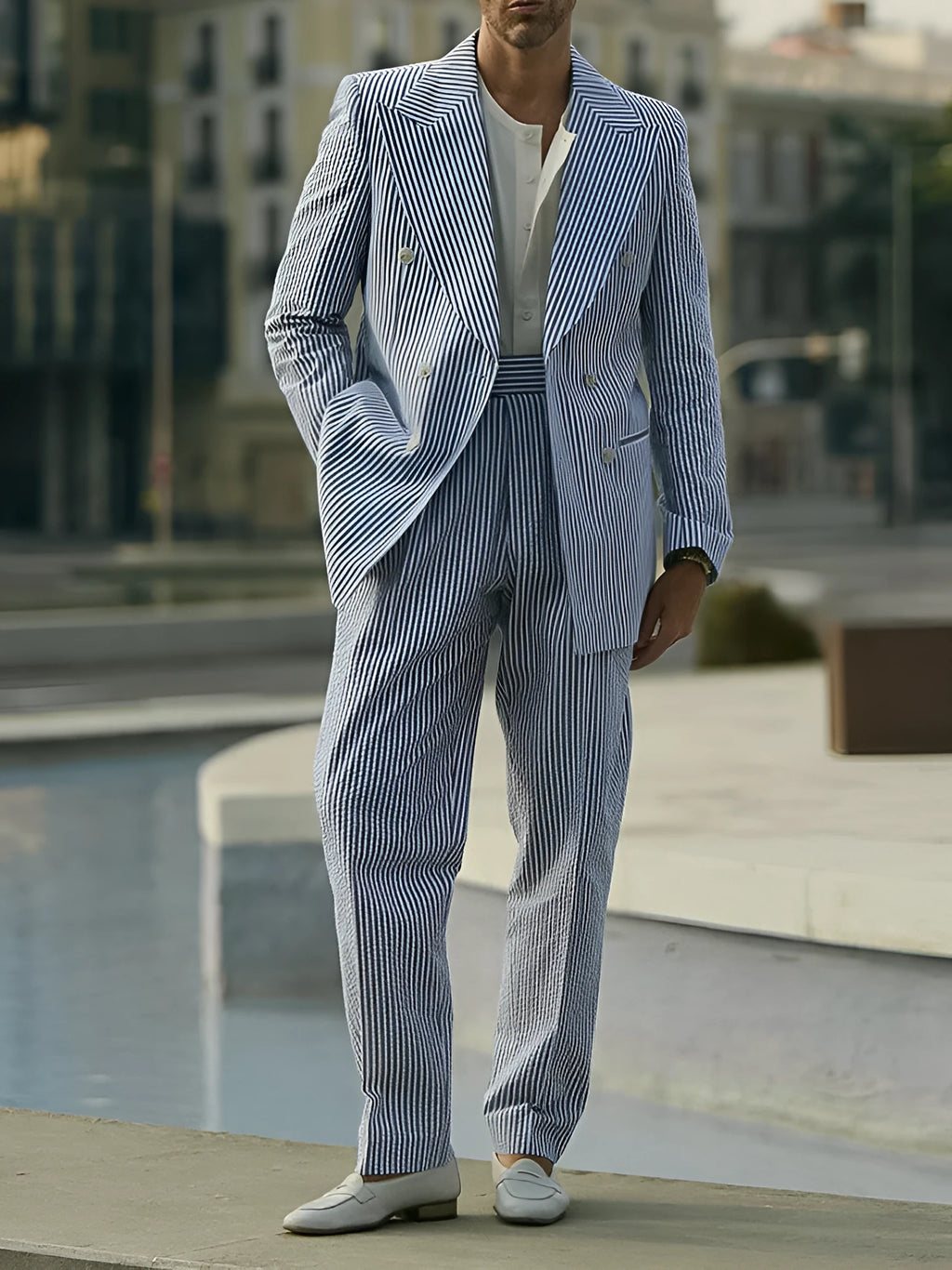 Blue and white striped polyester suit set including blazer and trousers for men