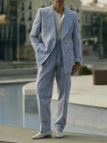 Blue and white striped polyester suit set including blazer and trousers for men