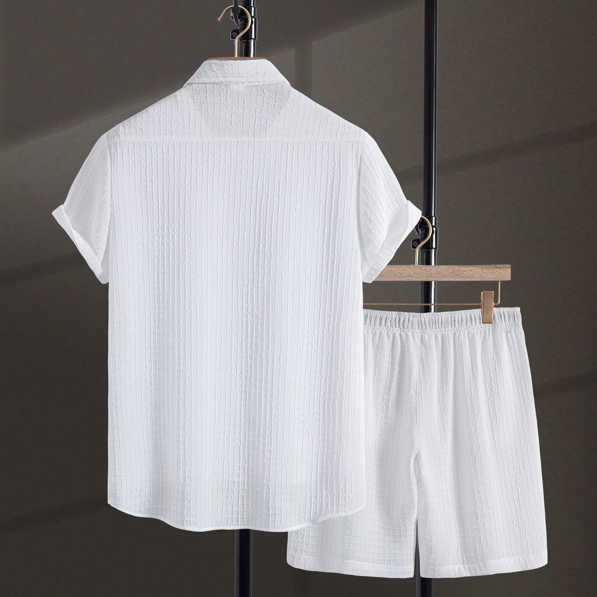 Men's jacquard pattern cotton blend short sleeve shirt and shorts casual suit