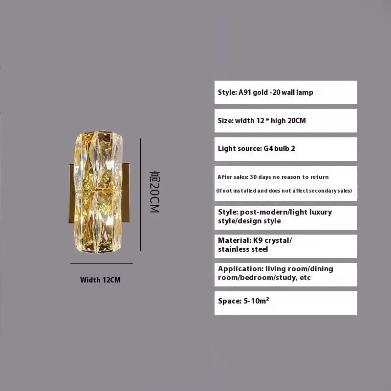 Crystal wall lamp with stainless steel base in chrome or gold finish, LED tricolour lighting, multiple size options