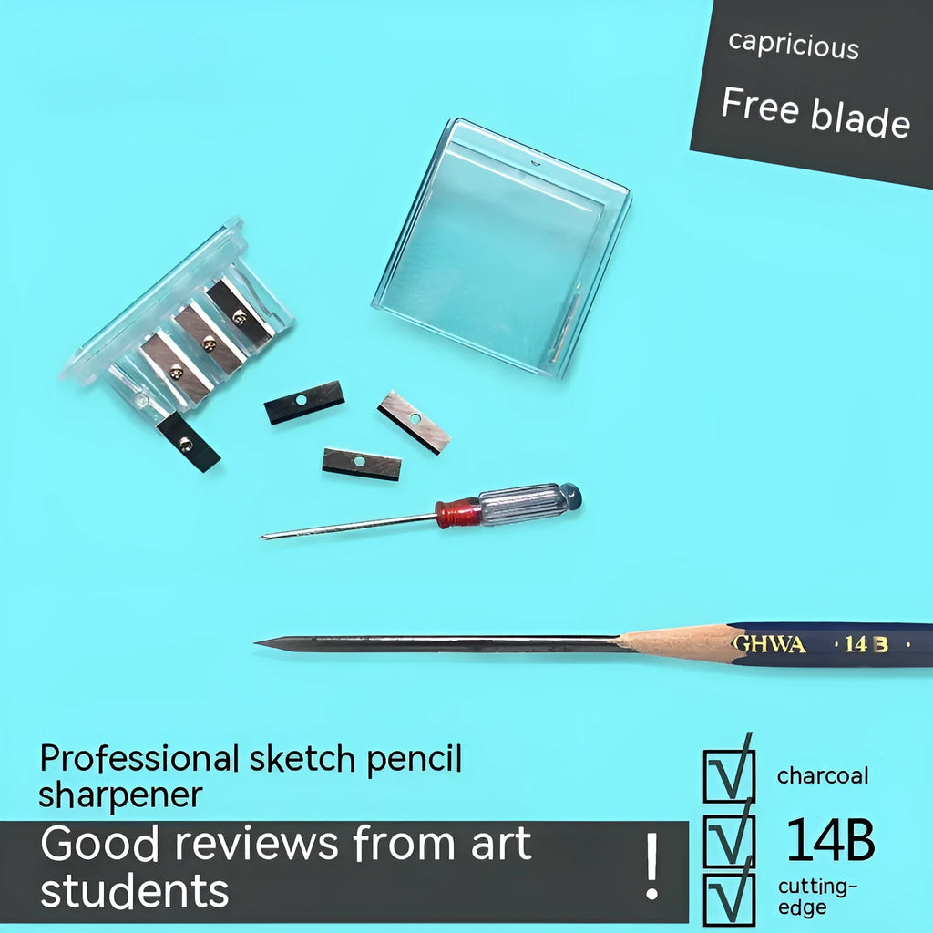 Geometric-shaped plastic pencil sharpener with four holes and a small screwdriver.