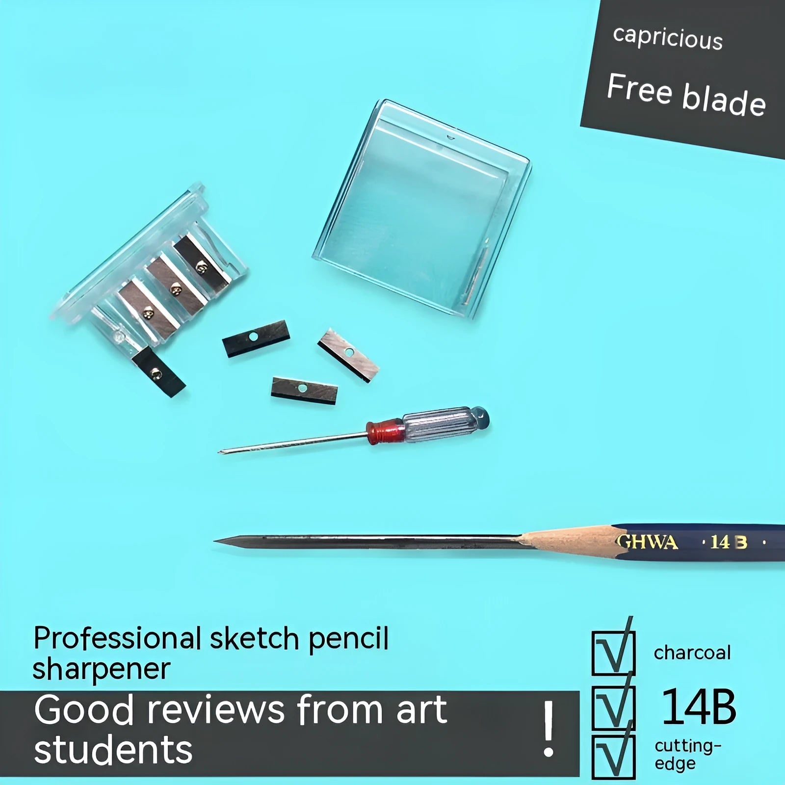 Geometric-shaped plastic pencil sharpener with four holes and a small screwdriver.