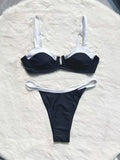 Black low waist women's bikini swimsuit with stitching detail and split briefs design