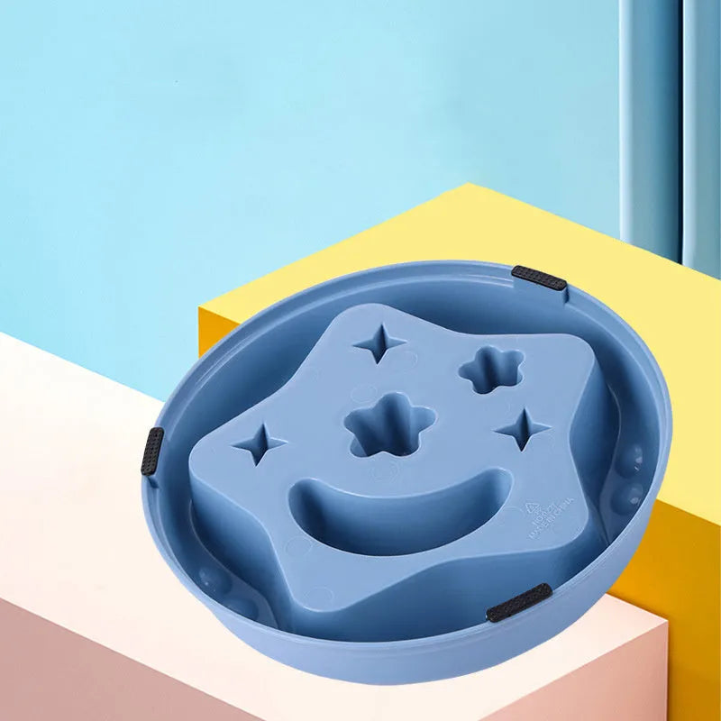 Moon and star design slow feed dog bowl in blue colour with non-slip silicone base