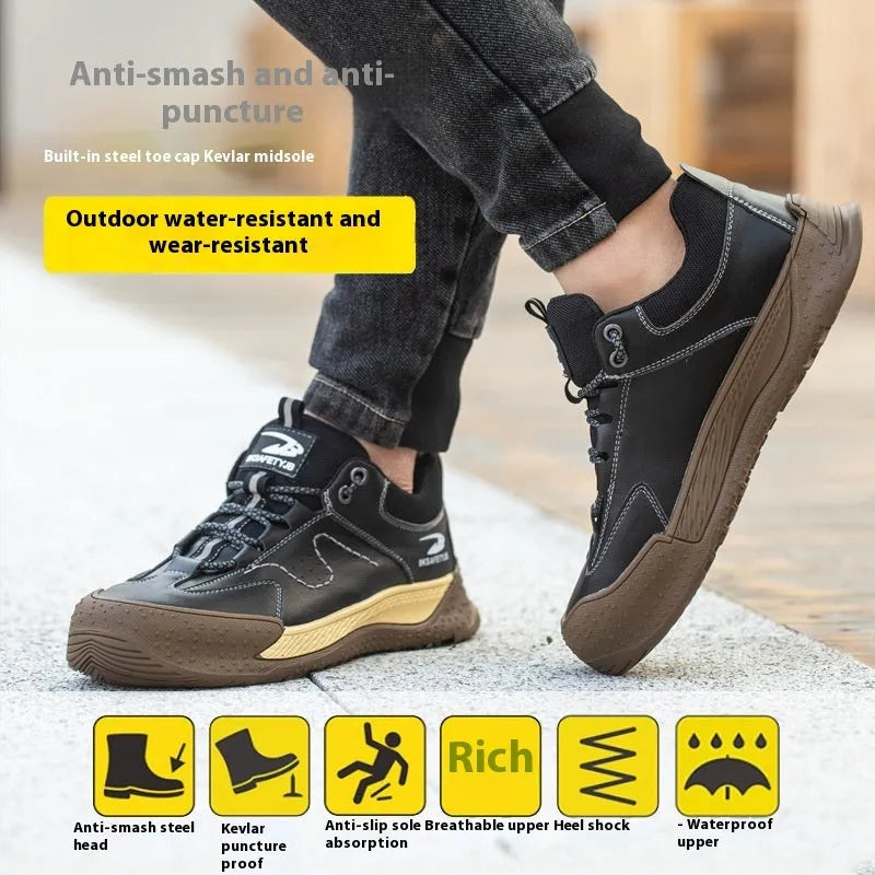 Flyknit safety work shoes with leather upper and rubber sole in multiple colour options