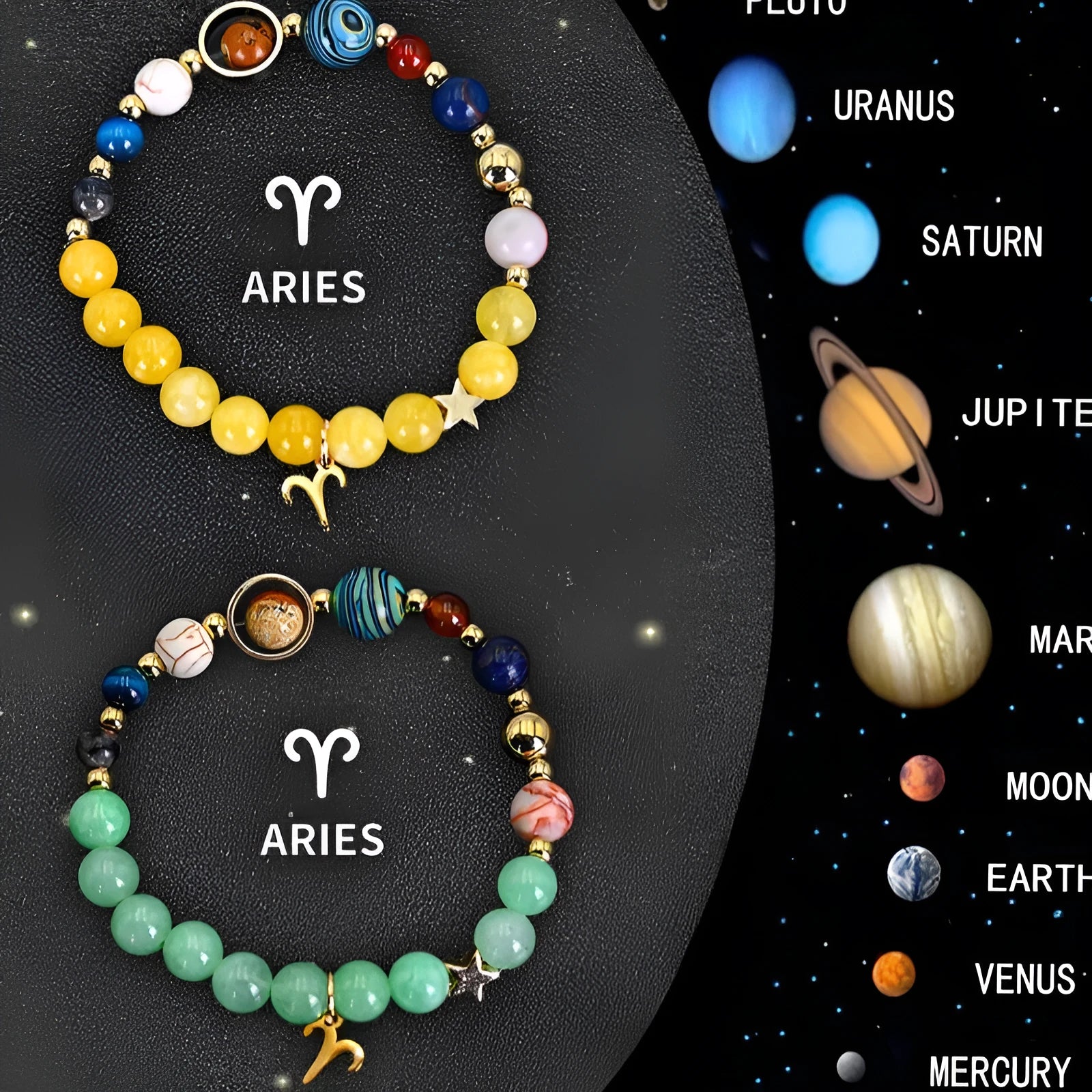 Set of twelve natural stone beaded bracelets on a table, each with charms for a different zodiac sign.