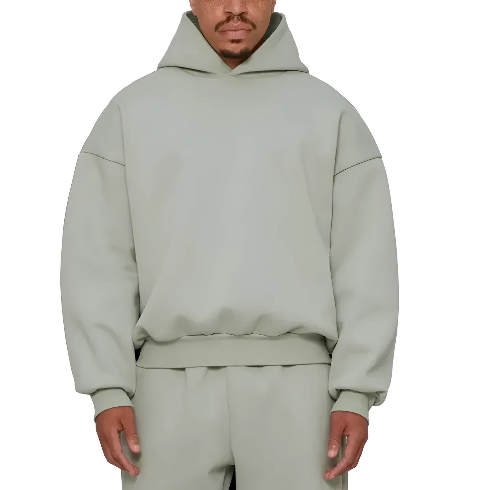 Men's grey fleece-lined pullover hoodie with wool lining shown in casual wear