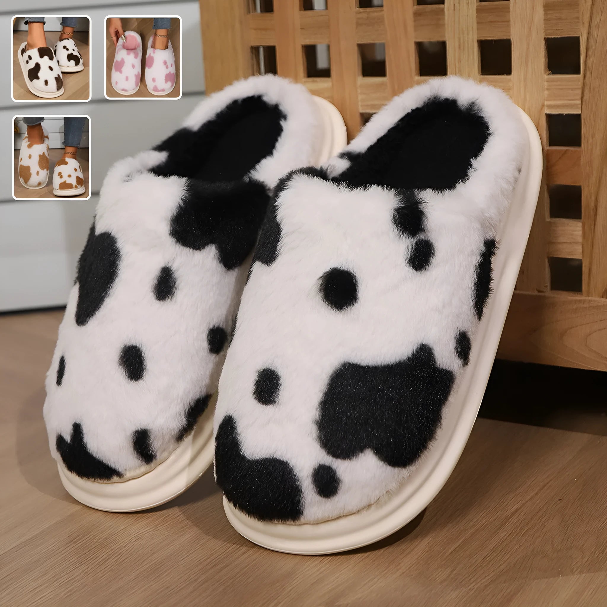 Cow spotted plush slippers with non-slip sole, available in black brown coffee pink for women and men