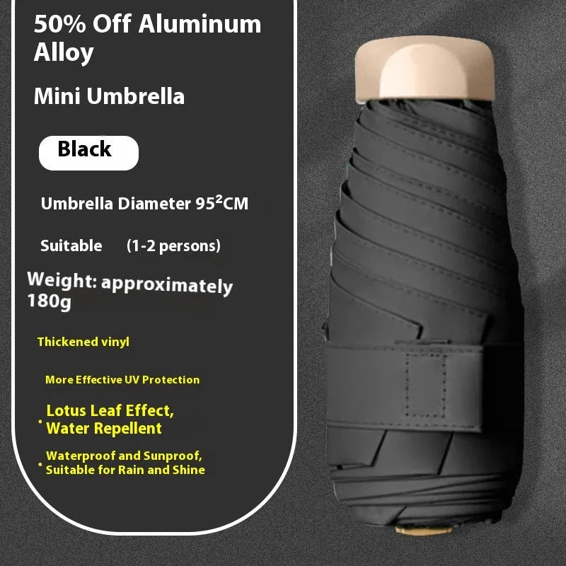 Five-fold compact umbrella with gradient vinyl canopy and manual open handle.
