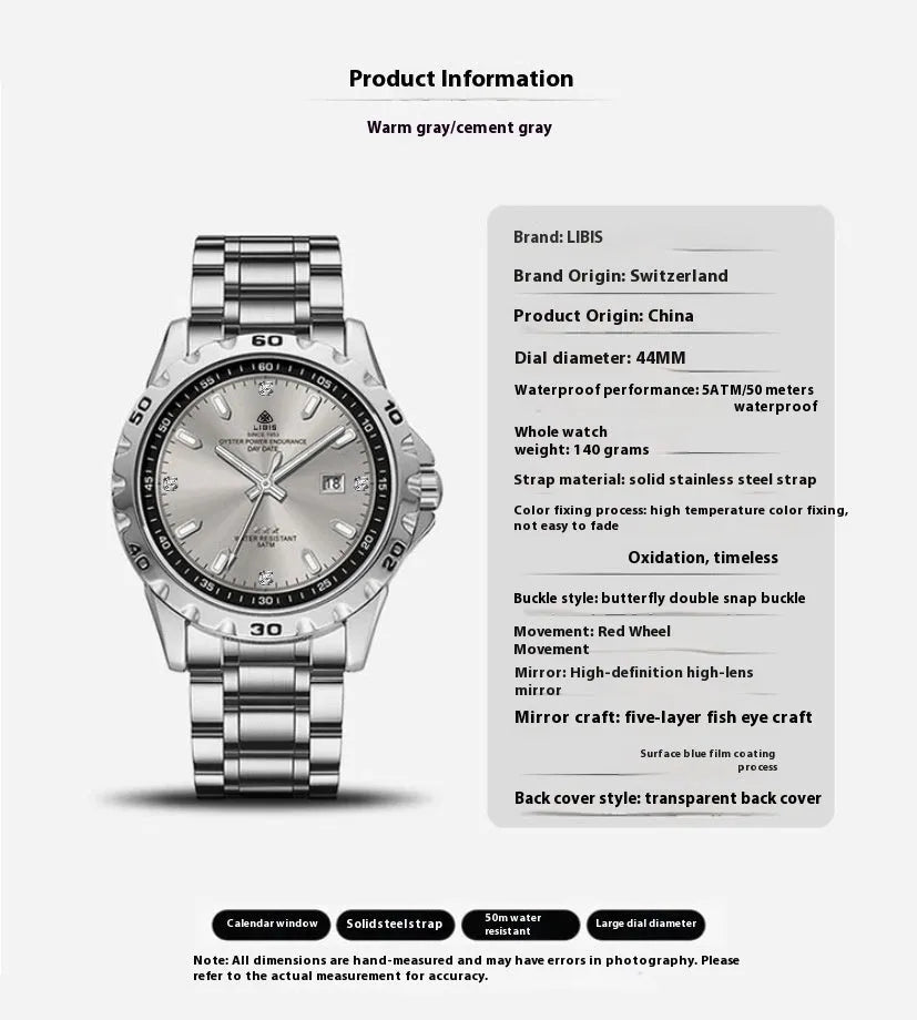 Men's silver quartz watch with luminous hands, stainless steel strap and sapphire crystal glass