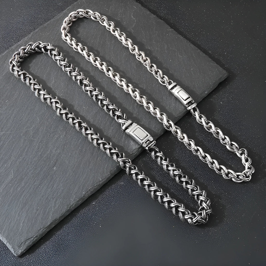 Men's titanium steel chain necklace with hemp flower links and antique silver finish