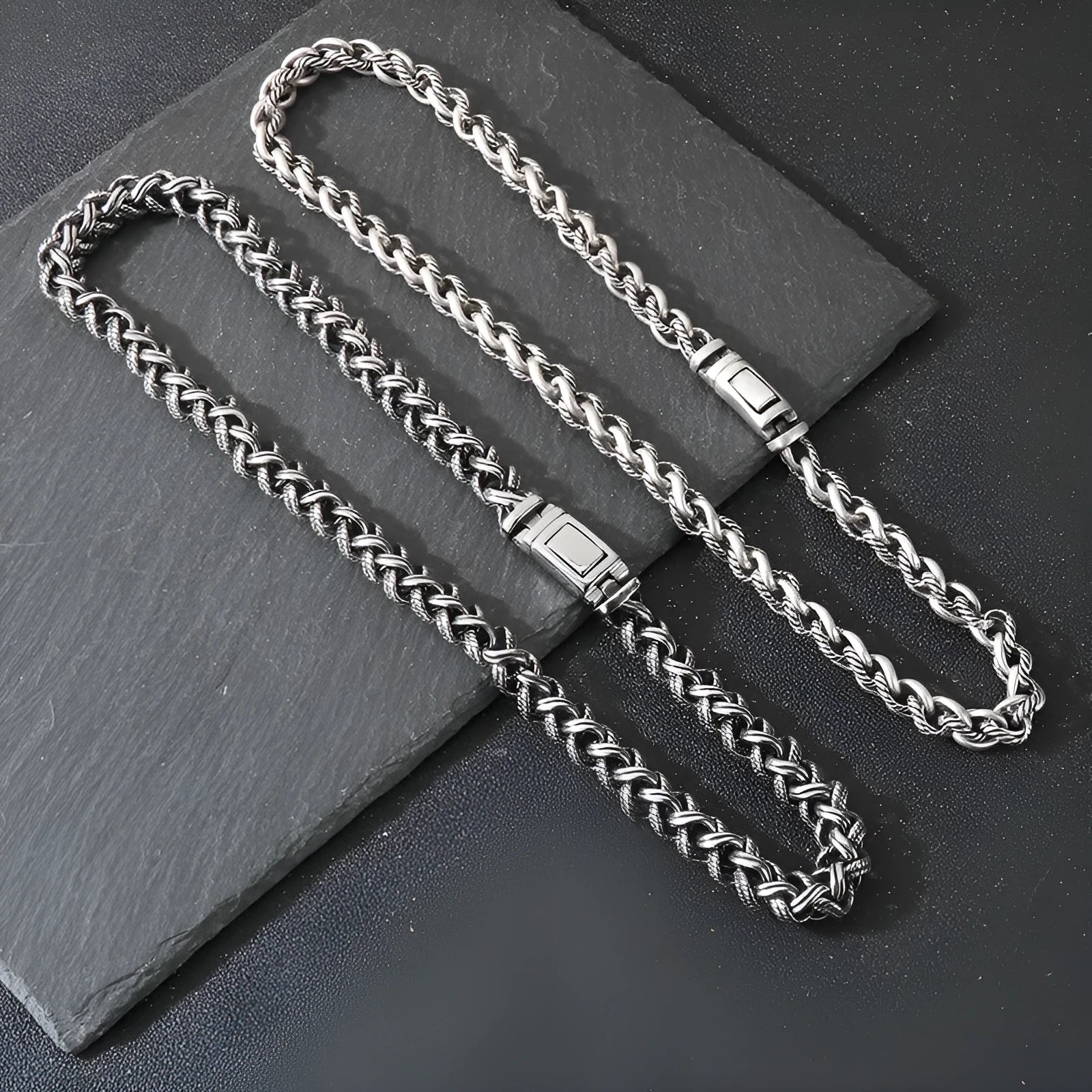 Men's titanium steel chain necklace with hemp flower links and antique silver finish