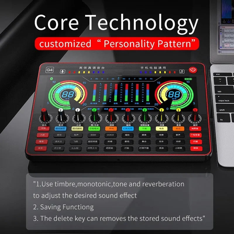 G4 professional singing sound card mixer with LCD screen, control knobs, and included microphone and cables.