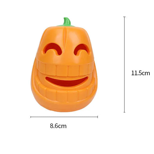 Orange Halloween pumpkin shaped durable rubber dog toy with a treat-dispensing funnel opening.
