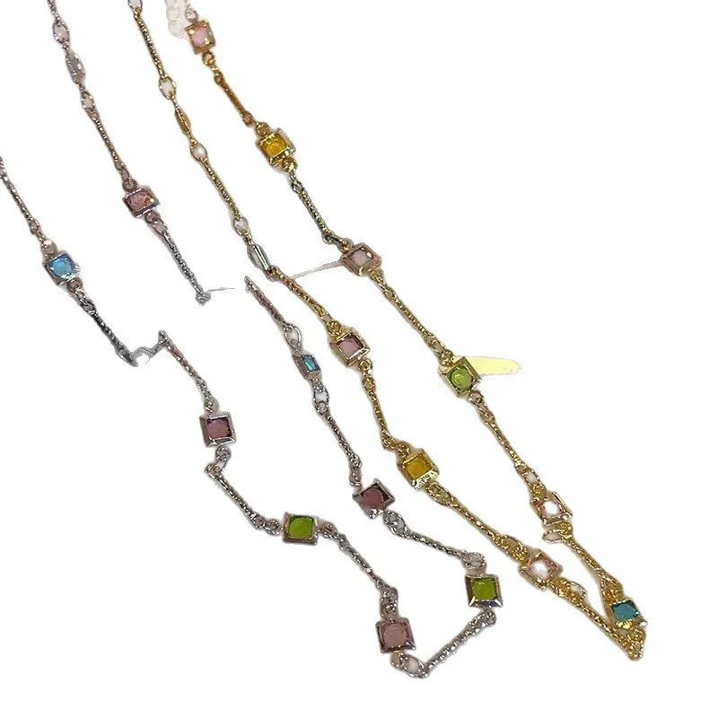 Square colour clavicle chain necklace with geometric artificial crystal design in gold and white K finish options
