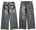 Men's grey wide-leg jeans with washed-out retro workwear design and straight-leg silhouette