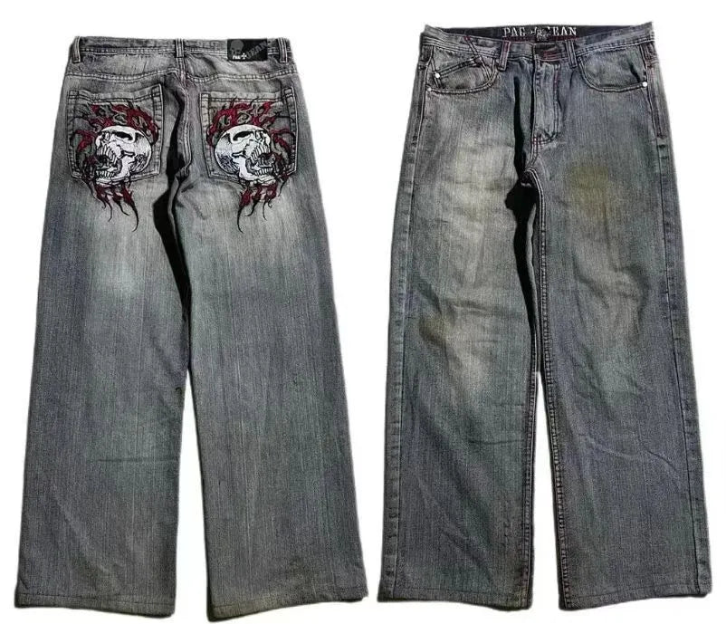 Men's grey wide-leg jeans with washed-out retro workwear design and straight-leg silhouette
