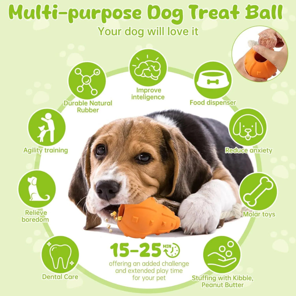 Natural rubber stuffable dog toy with a long strap for interactive play.