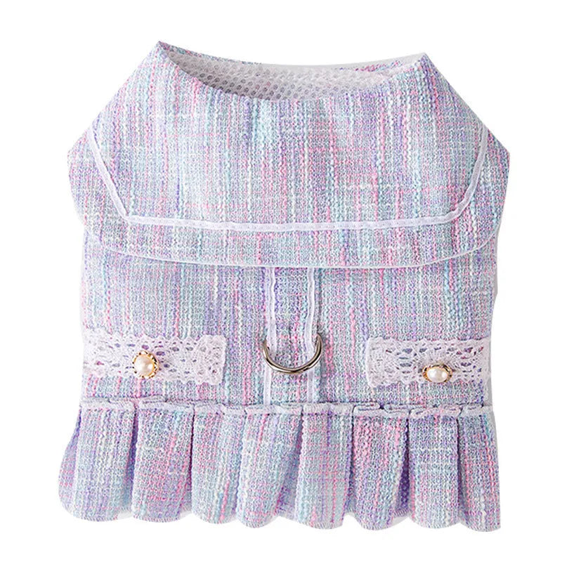 Purple and pink lightweight polyester clothing for a small dog or cat on a hanger.