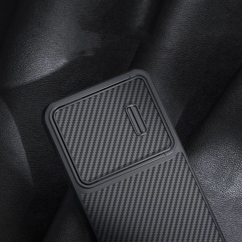 Black carbon fibre reinforced Samsung S23 Ultra phone case with lens push cover