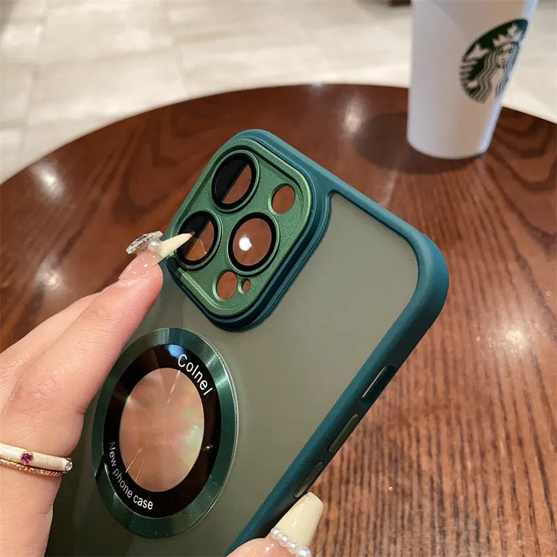 Frosted magnetic protective phone case for iPhone 15 models in blue, shown from the back.