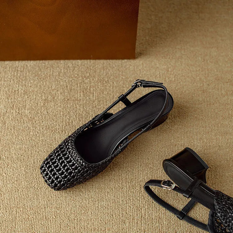 Women's woven hollow-out closed toe sandals with chunky heel and adjustable buckle in black