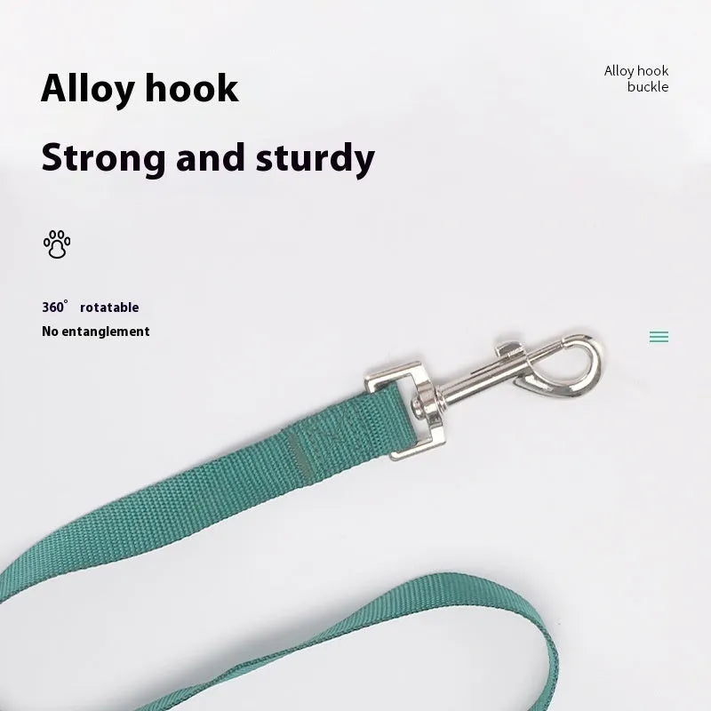 Solid colour nylon dog walking leash in blue held in a hand, showing the single rope design and hand loop.