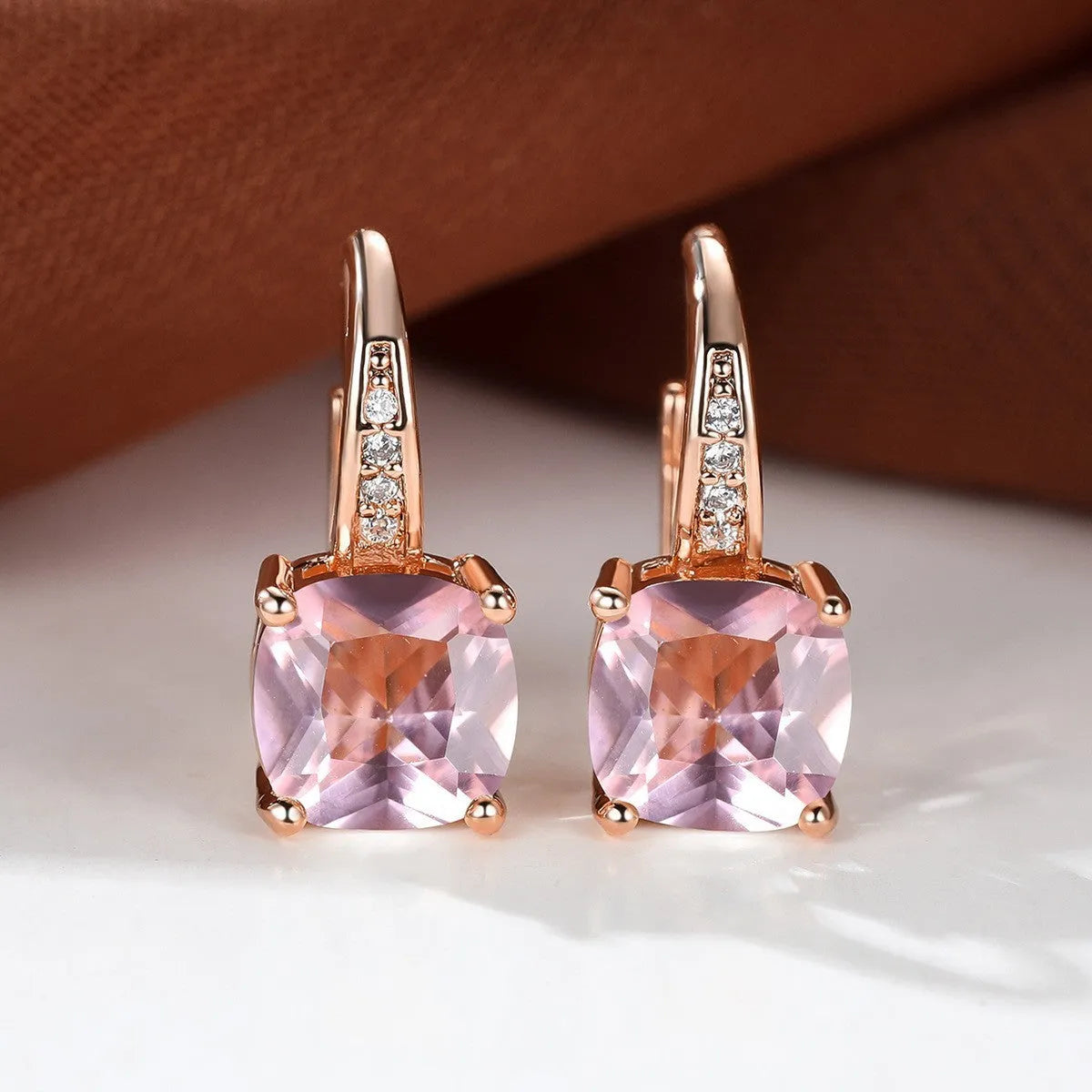 Square zircon geometric ear hook earrings in electroplated copper with Korean style design