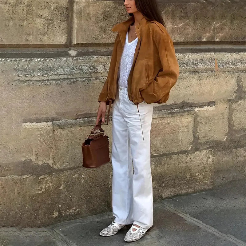 Retro solid colour loose fit long sleeve jacket on a hanger