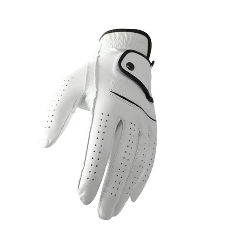 Men's white half sheepskin golf glove showing breathable fabric construction and non-slip surface