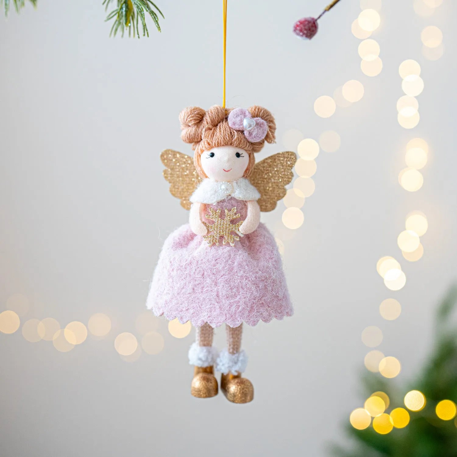 Soft pink and white cloth Christmas angel wings plush pendant ornament hanging.