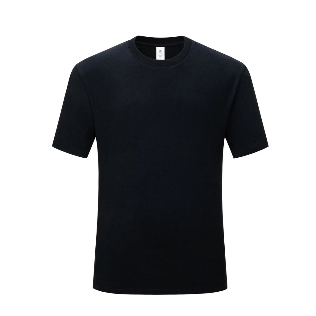 Men's solid colour pure cotton loose round neck T-shirt in Black, front view