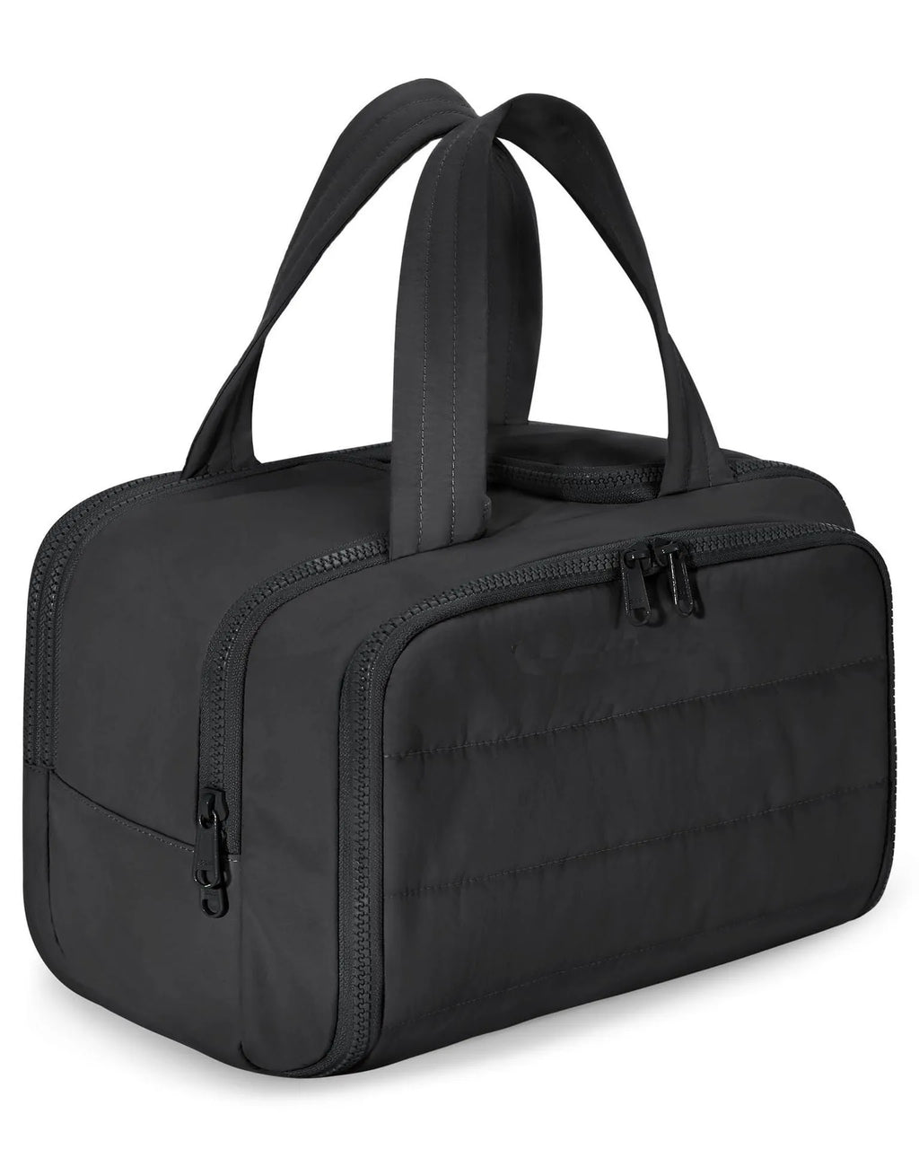 Large travel toiletry bag with wide open design showing fluffy texture in available colour options