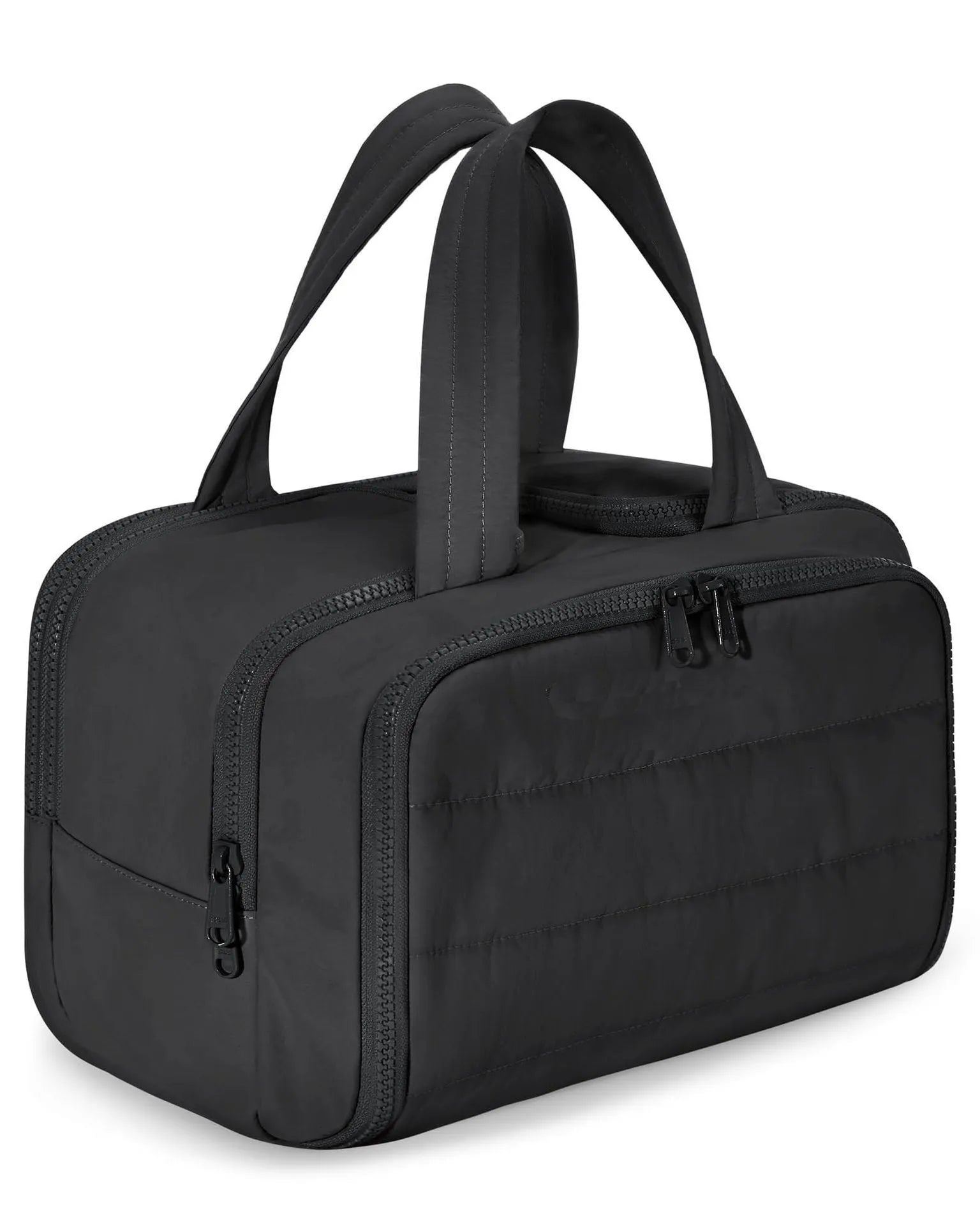 Large travel toiletry bag with wide open design showing fluffy texture in available colour options
