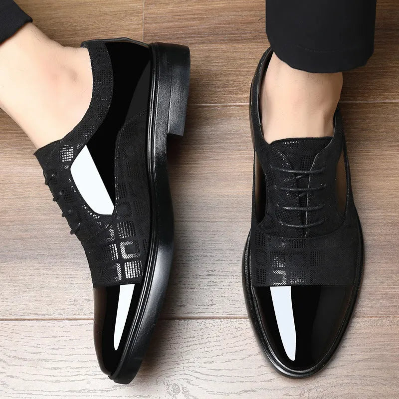 Men's black PU leather business shoes with rubber non-slip sole, side view on light background