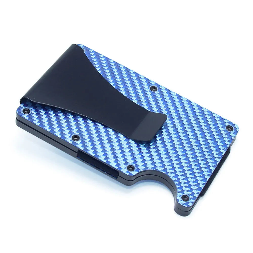 Geometric aluminium carbon fibre card holder with 8mm thickness showing black silver red colour options