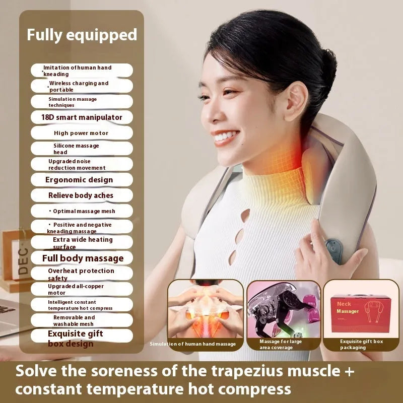 Blue foldable electric neck and shoulder massager with heat settings, shown unfolded.